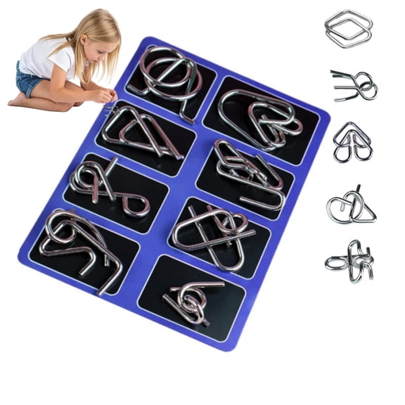 Metal Wire Puzzle Set of 8 with Pouch,Brain Teaser IQ Test Disentanglemen Iron Link Unlock Interlock Game Chinese Ring Magic Trick Toy for Party Favor K-ids Adults Challenge