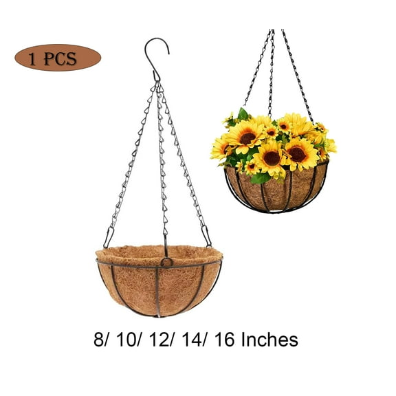 Metal Wire Round Hanging Basket Planter with Coco Fiber Liners (1pack, 8 inch) for Plants Flower Pots Outdoor Garden Porch and Balcony Decor