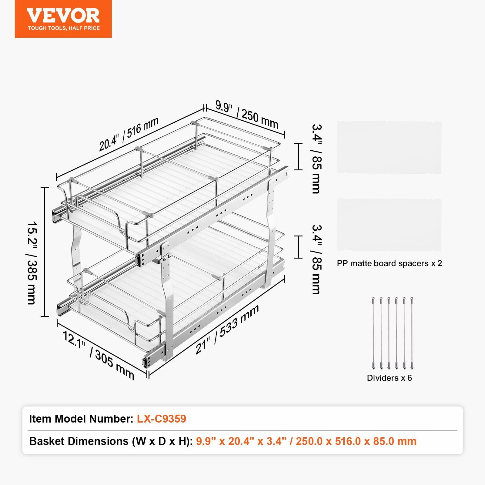 Metal Wire Under Sink Organizer 2-Tier - 12x21 Inch Pull Out Cabinet Drawer Basket