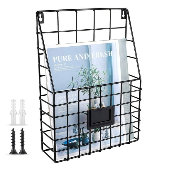 Metal Wire Wall Mounted Magazine Holder, Wall Hanging Organizer holder for Files, Newspapers, Magazines with Tag Slot for Office, Home Organization, Black