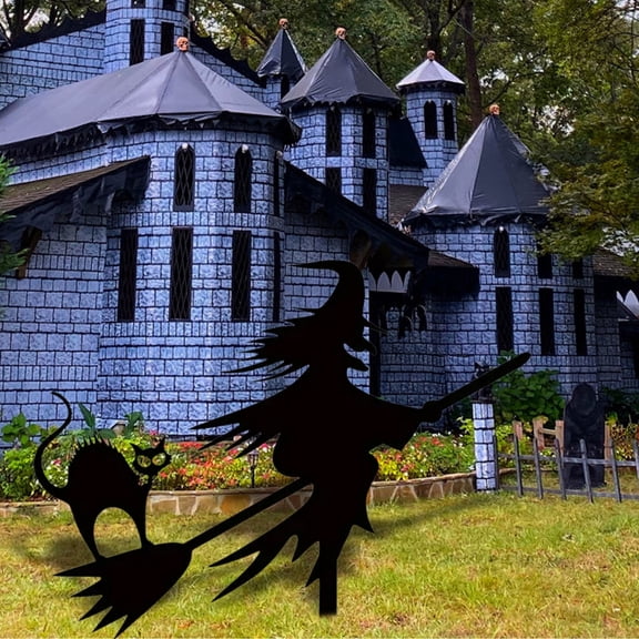 Metal Witch On Broom Yard Stake Decoration, Rust Proof Weather Resistant Easy Ground Insert Spooky Silhouette Ornament, Walkway Lawn Decor for Halloween Yard Patio Trick Or Treat Setup