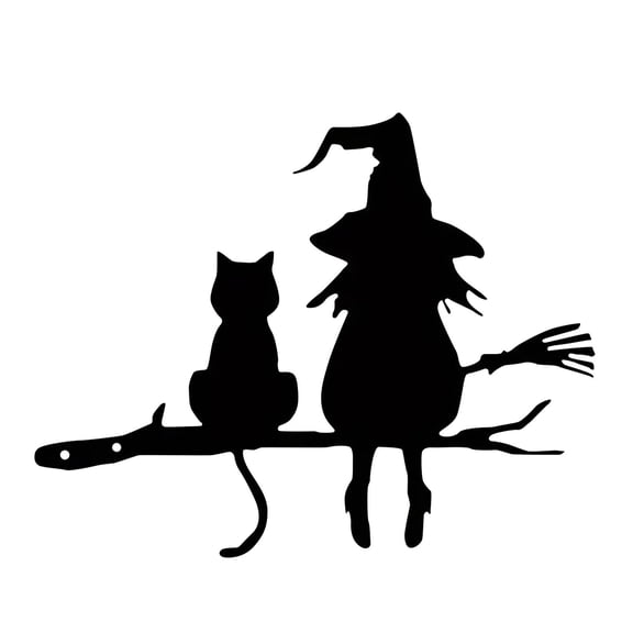 Metal Witch & Cat Silhouette Garden Art, Cute Witch with Broom & Cat on Branch Metal Decor, for Garden Stakes, Yard Lawn Decor, Outdoor Patio Ornament - Witch Cat Metal Silhouette, Witchy Garden Deco