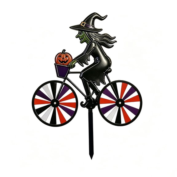 Metal Witch Riding Bicycle Yard Stake, Halloween Wind Ornament For Garden And Fall Decor