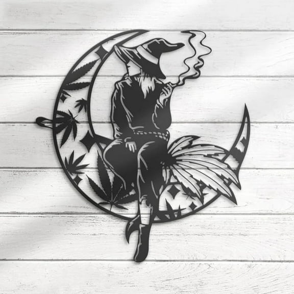 Metal Witch Wall Decor Aesthetic, Halloween Wall Art with Witch on Crescent Moon, Witchy Wall Sign for Bedroom, Living Room, Home Decoration (Small / 11.8inch)