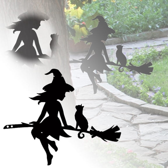 Metal Witch with Black Cat Tree Silhouette Decor, Witch on Broom Tree Branch Art Stake, Halloween Outdoor Garden Yard Tree Ornament, 25cm 25cm