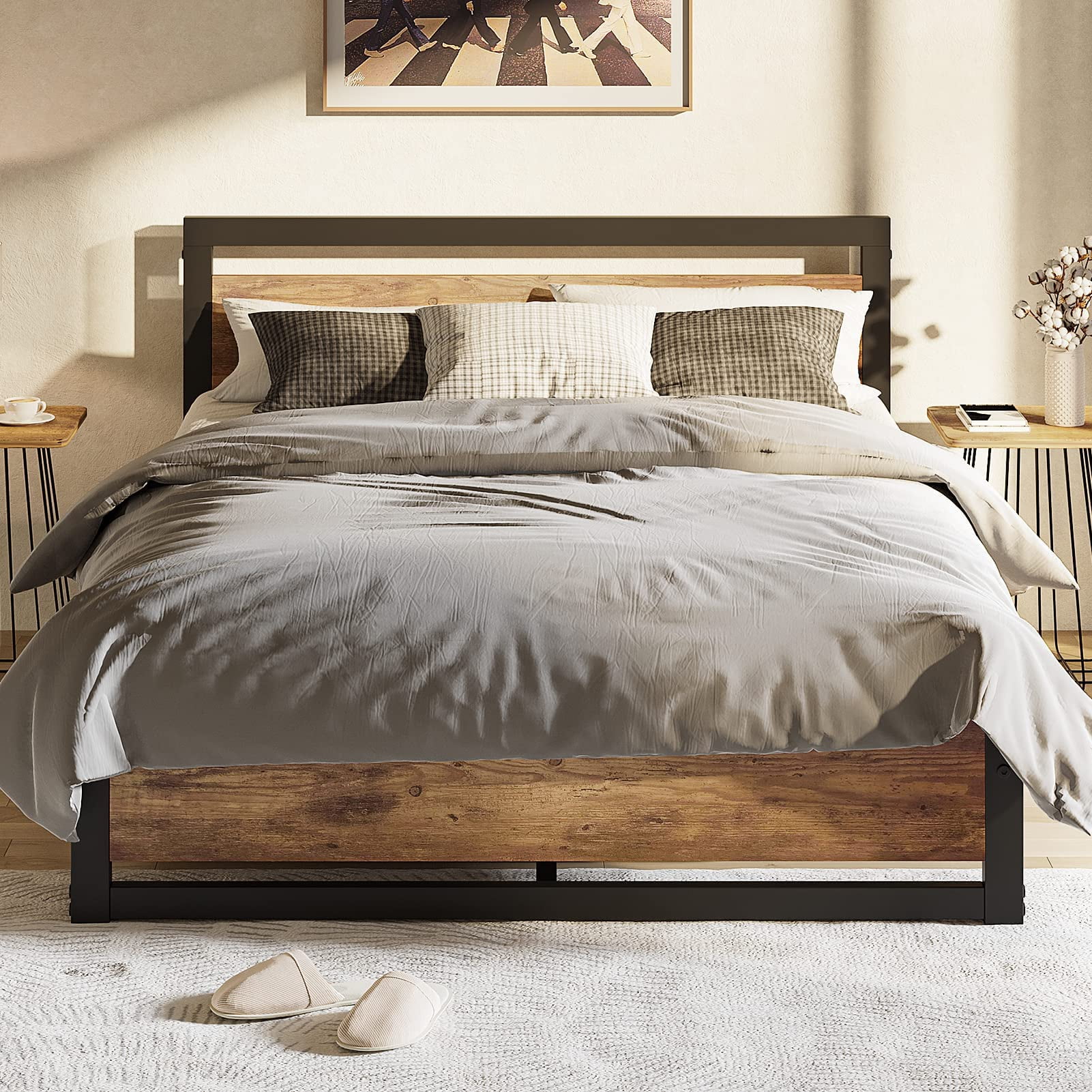 Metal and Wood Bed Frame with Headboard and Footboard Platform Bed Strong Metal Slat Support No Box Spring Needed Easy to Assemble Maple Full Size Walmart