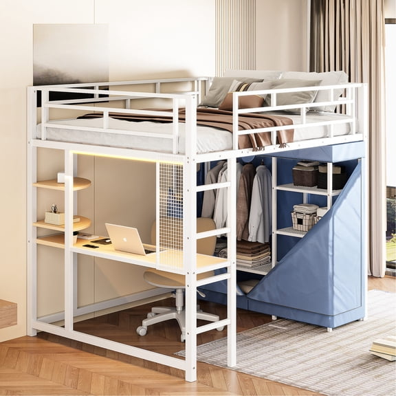Metal & Wood Loft Bed | Functional Fabric Wardrobe | Study Area