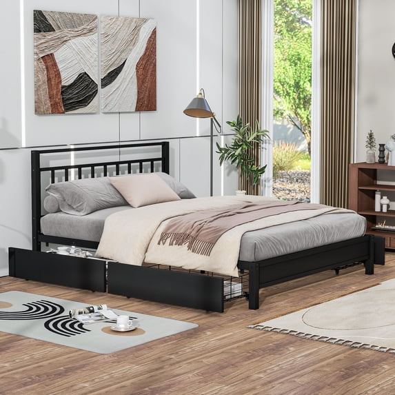 Metal& Wood Platform Bed with 4 Drawers, Metal Slats Support, Storage Platform Bed with Drawers, No Box Spring Needed, Easy Assembly(Black, Queen)
