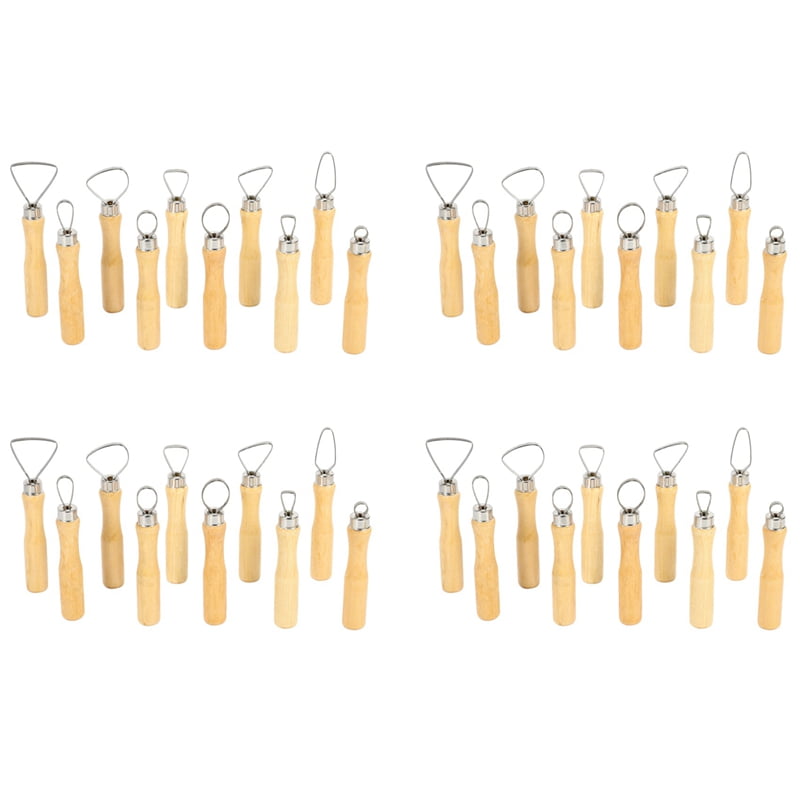 Metal + Wood Thick Handle Flat Wire Cutter Clay Pottery Sculpting Tool Set Pack of 40