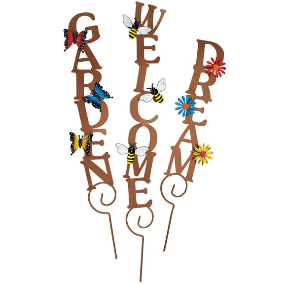 Metal Word Garden Stakes, Crafted With 100% Durable Metal - Set of 3, Dream Design Measures 22 1/2" H, Garden Design Measures 25 1/4" H, Welcome Design Measures 29" H, by Fox River Creations