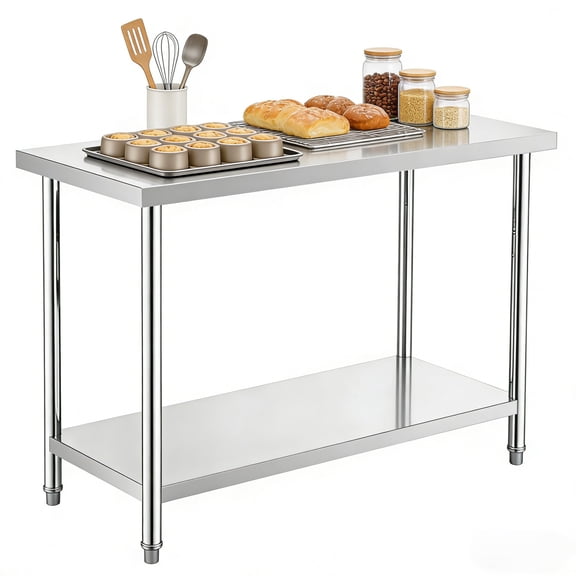 Metal Work Table Stainless Steel Prep Table,36"x24" 800 lbs Load Capacity with Double Storage Shelves Heavy Duty Metal Worktable,Utility Workbench Commercial Workstation for Home, Hotel, Backyard