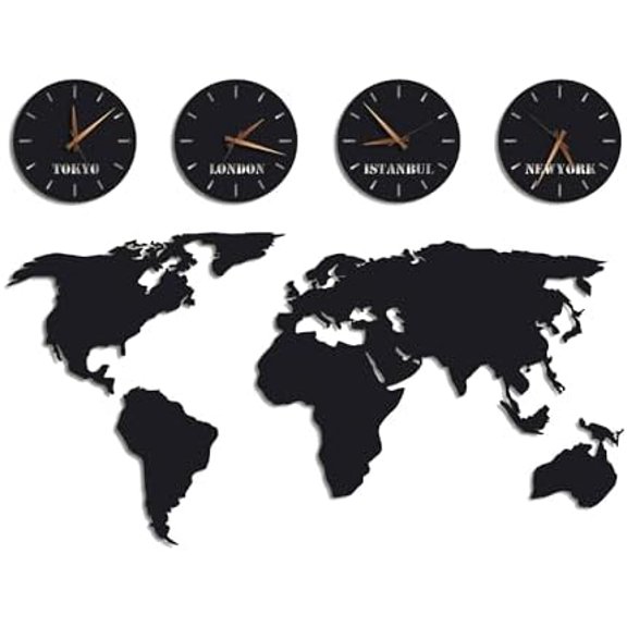 Metal World Map Wall Art with Custom 4 Time Zone Clocks 1.5 mm Large Office Steel Wall Decor - 27.5"x55.1" World Map and 11" Wall Clock$$Home Decor, Kitchen, & Other