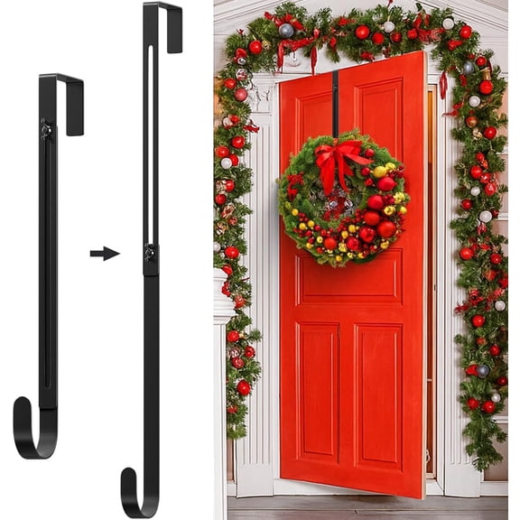 Metal Wreath Hanger for Front Door, Adjustable Wreath Hanger from 12-20", Single Hook, Heavy Duty, Holds up to 20 lbs, Over-the-Door Hook for Hanging Easter, Halloween, Fall, Christmas Decorations
