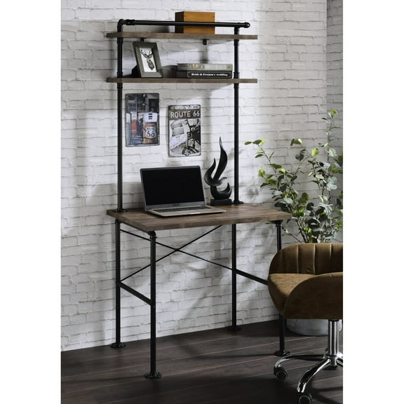 Metal Writing Desk With Rustic Oak Accents And Storage Space Work Base Organizing Shelves