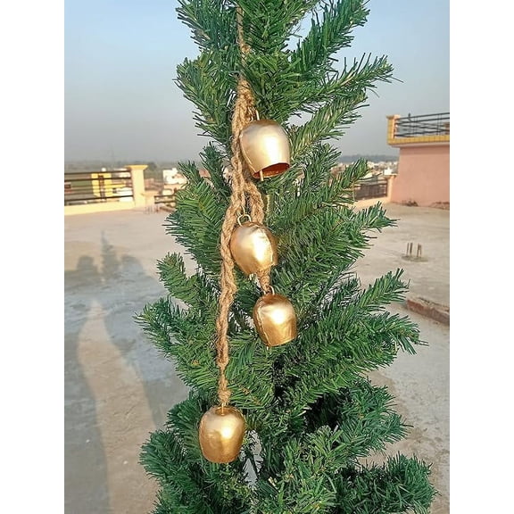 Metal Wrought Bell Chime Handmade Brass Finish Wall Hanging Rope 4 Bell