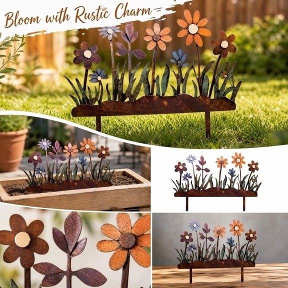 Metal Yard Art Outdoor and Garden, Metal Wildflower Garden Stake, Double-Sided Distressed Rust Finish Lawn Decoration, 12X9 Inch Metal Flower Garden Decor, No Extra Tools Required