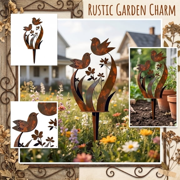 Metal Yard Art Outdoor and Garden, Rustic Outdoor Decor, Metal Flower Garden Stake, Whimsical Garden Decor, 12X6 Inch Vintage Rusted Rusty Iron Birds and Wildflowers Lawn Stake,