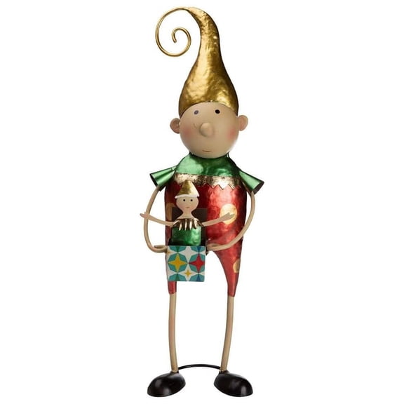 Metal With Yellow Hat and Jack-in-A-Box Christmas Garden Statue, Hand-Painted Details, Indoor/Outdoor, Shimmering Finish, Holiday Garden Accent, Christmas Display, 5"W x 5"D x 17"H