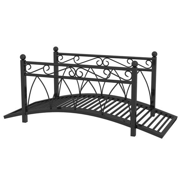 Metal Zen Garden Bridge with Safety Rails - 40.25" Steel Arch Footbridge for Stream, Pond, Backyard Dcor - Black