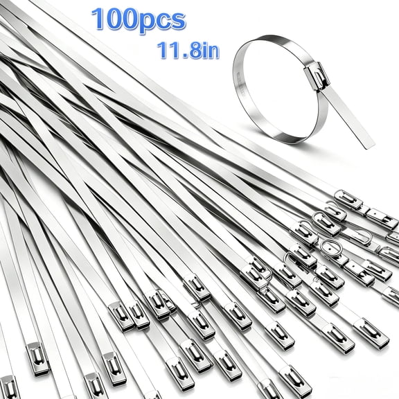 Metal Zip Ties 11.8 inch 100pcs 304 Stainless Steel Zip Ties Heavy Duty Multi-Purpose Self-Locking Cable Ties for Machinery, Vehicles, Exhaust Wrap, Farms, Pipes, Roofs, Cables, and Outdoor Fence