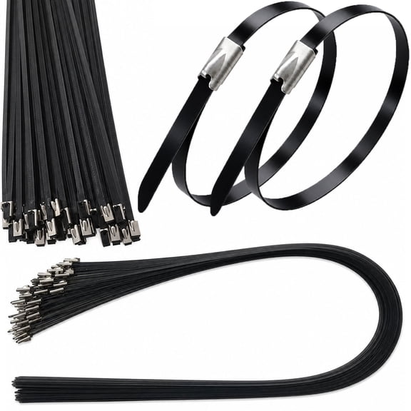 Metal Zip Ties Black 100 PCS 6 Inch 304 Stainless Steel Epoxy Coated Cable Ties Multi-Purpose Self-Locking Fasteners for Machinery, Vehicles, Farms, Cables, Pipes, Outdoor Binding Work Wrap