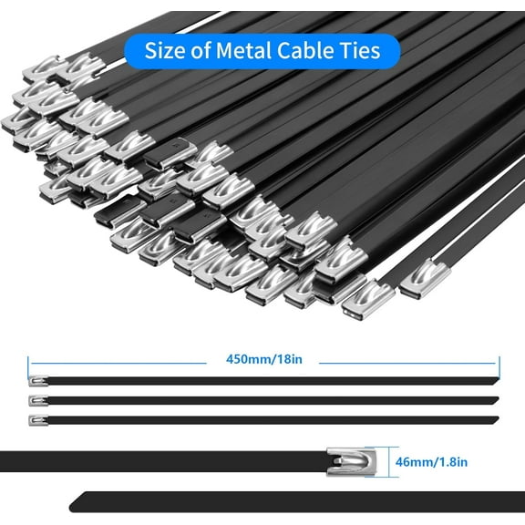 Metal Zip Ties Black 50Pcs 18 Inch 304 Stainless Steel Epoxy Coated Cable Tie for Machinery, Vehicles, Farms, Cables