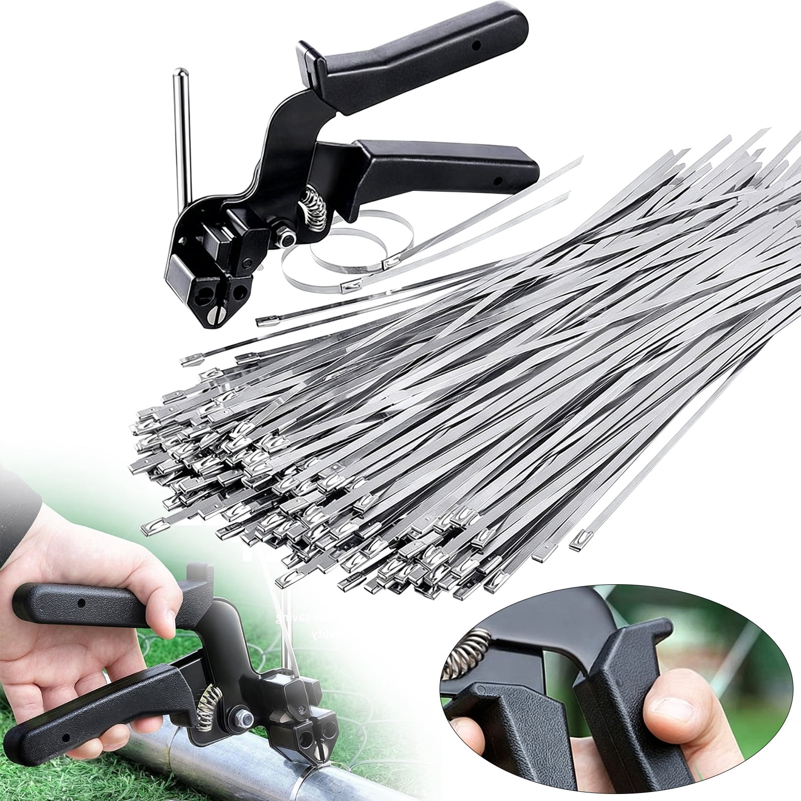 Metal Zip Ties With Stainless Cable Tie Special ToolforFastening And Cutting Zip Ties 100pcs 11.8in Chain Fence PartsforFence Exhaust Pipe, Stainless Steel Zip Tie Gun, Heavy Duty Fastening Tool