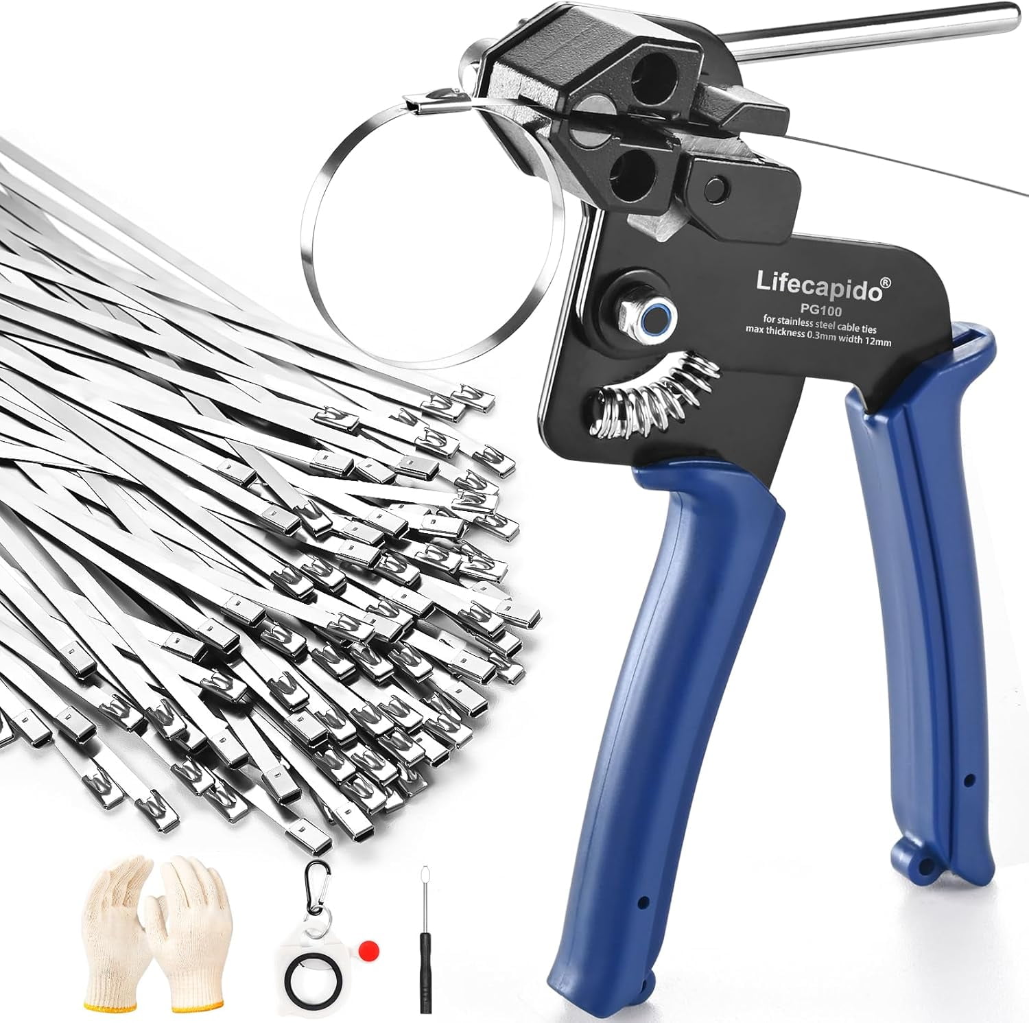 Metal Cable Ties Tool, stainless steel ties gun with built-in cutter, adjustable fastening cutting ties tool, comes with 100 pieces of 11.8-inch self-locking stainless steel ties, ties organizer and