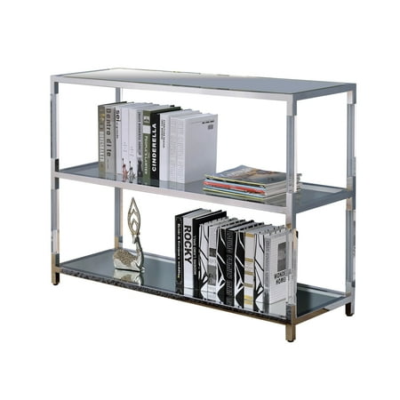Benjara Metal and Glass Sofa Table with 2 Open Shelves, Silver and Clear