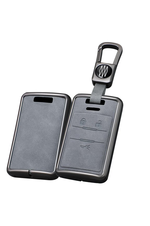 Metal and Leather Key Fob Cover Case with Keychain Fit for Cadillac ATS CTS DTS Escalade SRX STS XTS Corvette 2008-2014 3-button