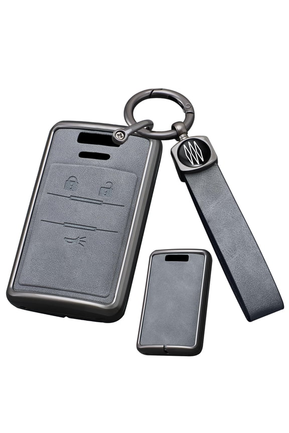 Metal and Leather Key Fob Cover Case with Keychain Fit for Cadillac ATS CTS DTS Escalade SRX STS XTS Corvette 2008-2014 3-button