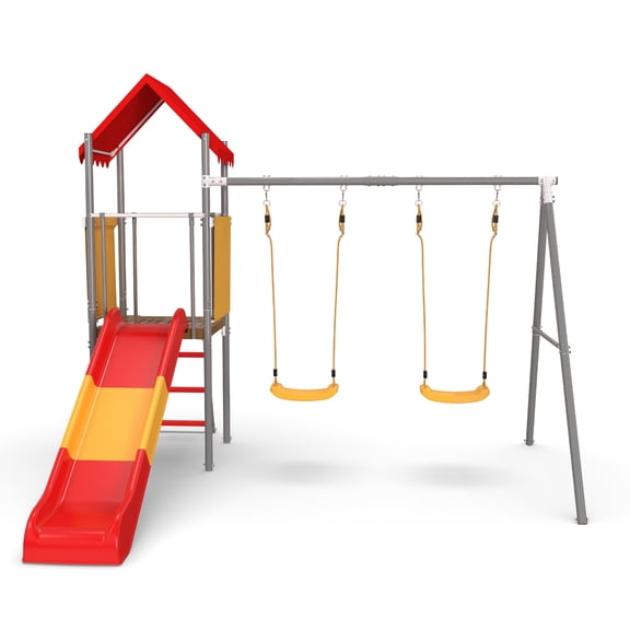 Metal and Plastic Treehouse Swing Set with Slide for Kids 3-8, Orange-Red Portable Swing Set with Canopy and Belt Swings for Backyard Outdoor Play