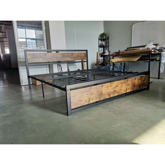 Metal and Wood Bed Frame with Headboard and Footboard Full Size Platform Bed Strong Metal Slat Support No Box Spring Needed Easy to Assemble, Maple