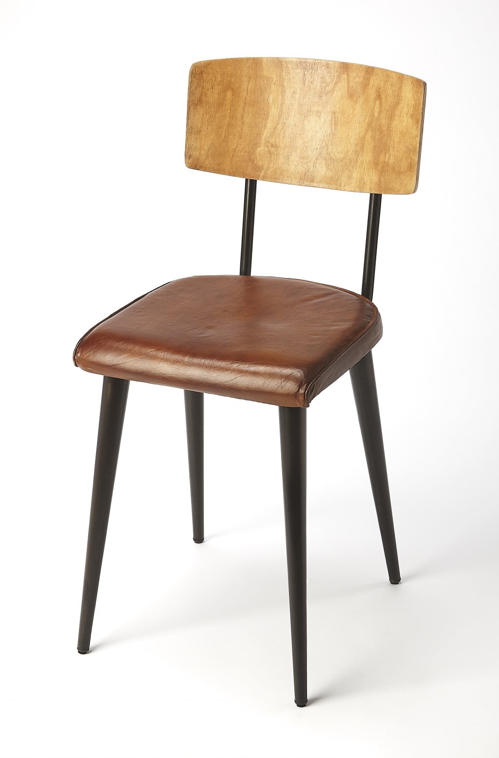 Medium Brown Leather and Metal Side Chair
