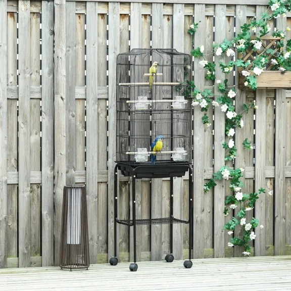 Metal birdcage set, birdhouse, portable rolling stand, with rolling stand, storage basket and accessories, easy to clean, safe and durable (black)