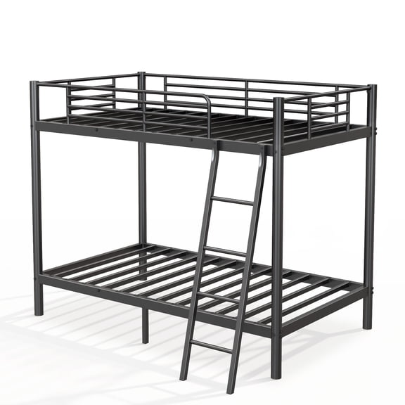 Metal bunk bed frame, double bed size, with sturdy and durable support bars, easy to assemble, black.
