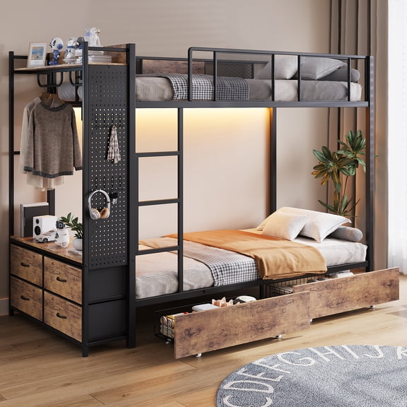 Metal bunk bed, industrial bunk bed with heavy-duty metal frame, featuring safety rails and space-saving design, equipped with 6 storage drawers and 2 hanging rods, suitable for schools and bedrooms.