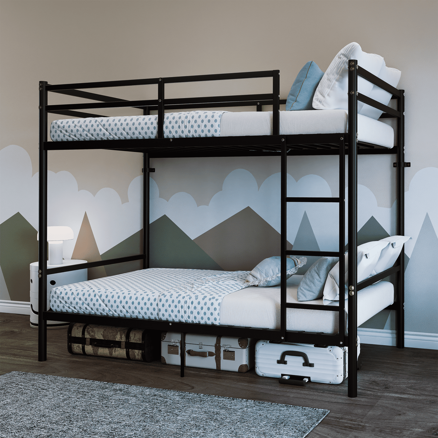 Metal bunk bed, suitable for children/teenagers/adults, with 14.29-inch high safety rails, 19 crossbars on each bunk, single-bunker support of 400 lbs or more, and storage space under the bed. Black
