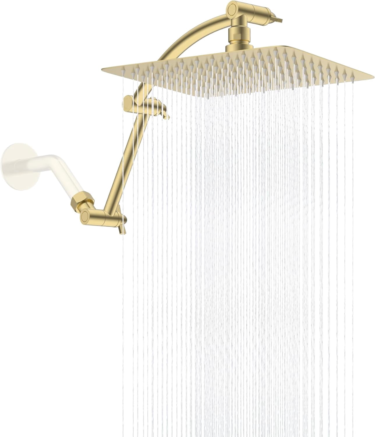 All Metal cUPC Certified Rain Shower Head, 10'' High Pressure Rainfall Showerhead with 16" Shower Head Extension Arm, Brass Adjustable Shower Arm Extender, Fixed Showerheads, Brushed Gold
