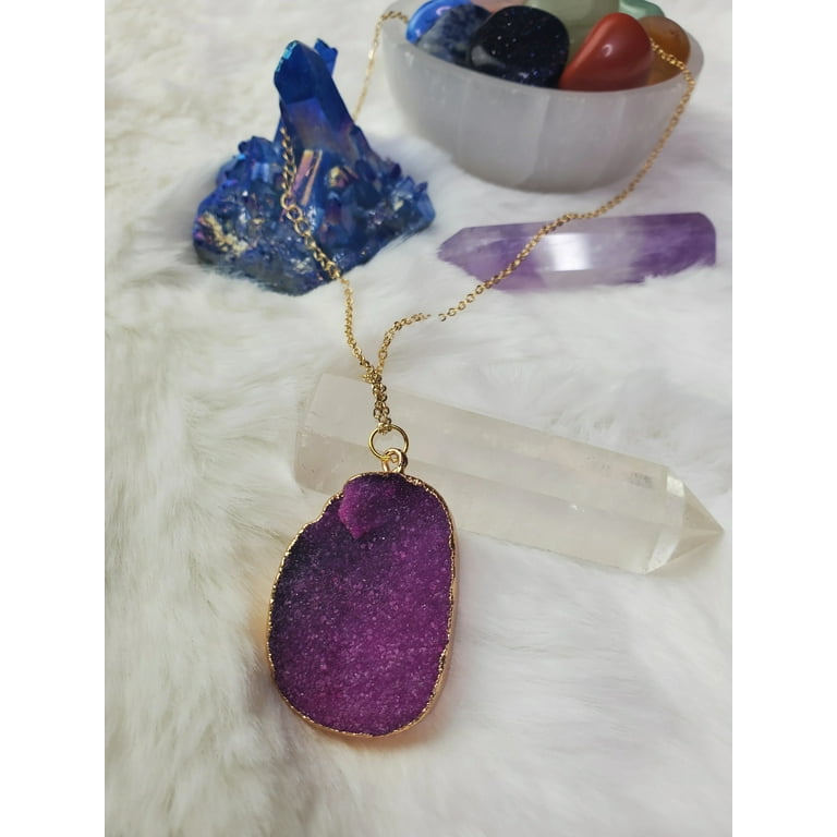 Metal chain healing energy necklace for women Dyed Natural crystal druzy  crystal Minerals gem stone pendant charm necklace 