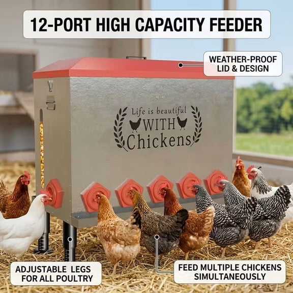 Metal chicken feeder waste-free, 180 lb large chicken feeder with 12 ports, poultry feeder, rainproof, suitable for backyard chickens and small flocks
