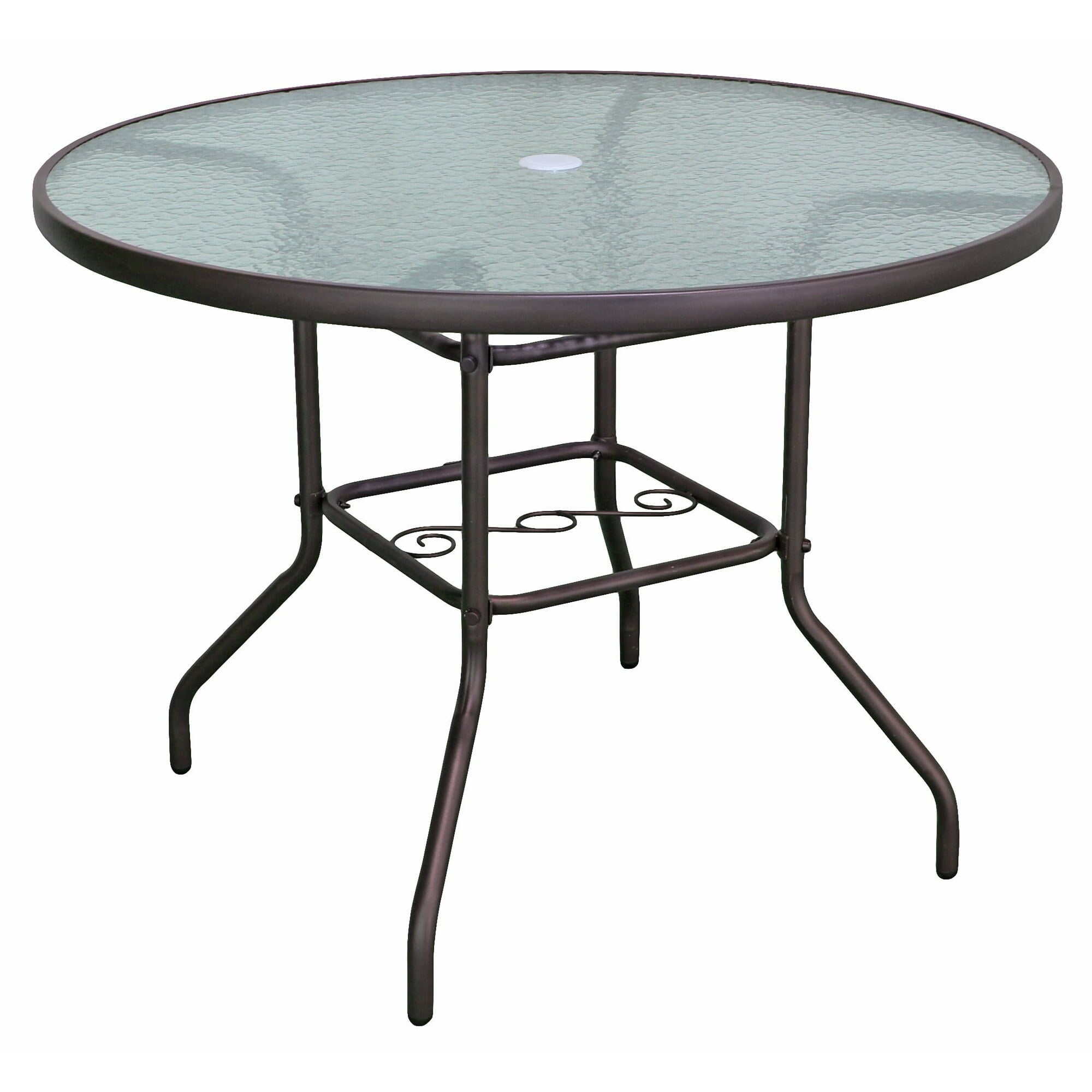 Black Steel Round Patio Dining Table with Wavy Glass Top