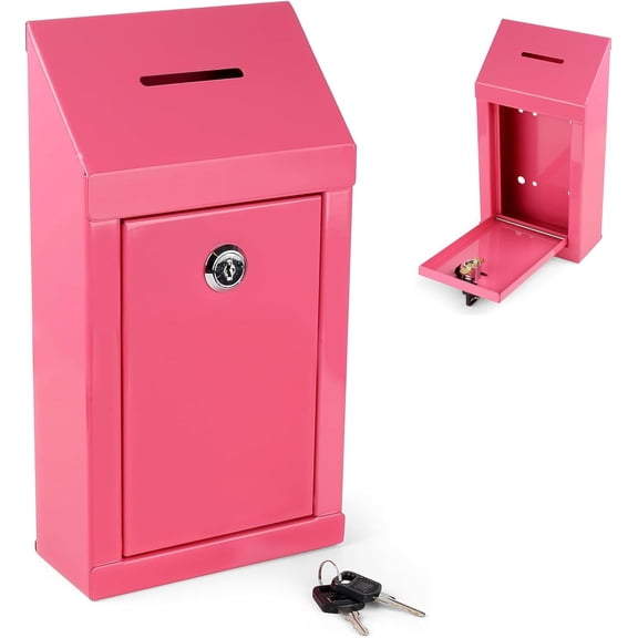 Metal donation box-suggestion box with slot and lock, safe coin box for storing cash, comments and voting box, pre-drilled for easy wall-mounted installation 1062.5 (pink)