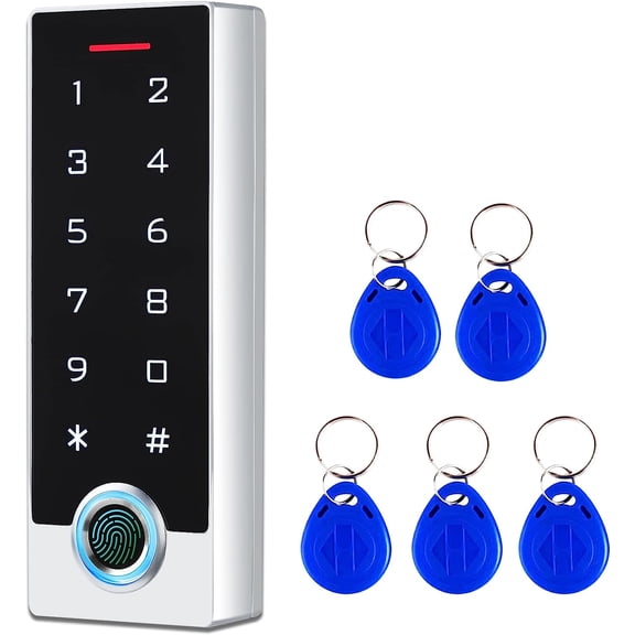Metal fingerprint access control system, standalone keyboard access controller, card reader + 5 key fobs, waterproof 26/3410000 users for garage, door lock opener