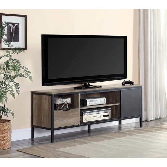 Metal - framed TV stand in oak finish / Stores media items for 40 - 49 inch flat - screens