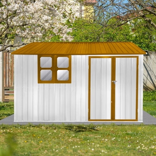 Metal garden sheds,outdoor storage sheds with window and two integrated punched vents ,white+yellow  , 10ftx8ft