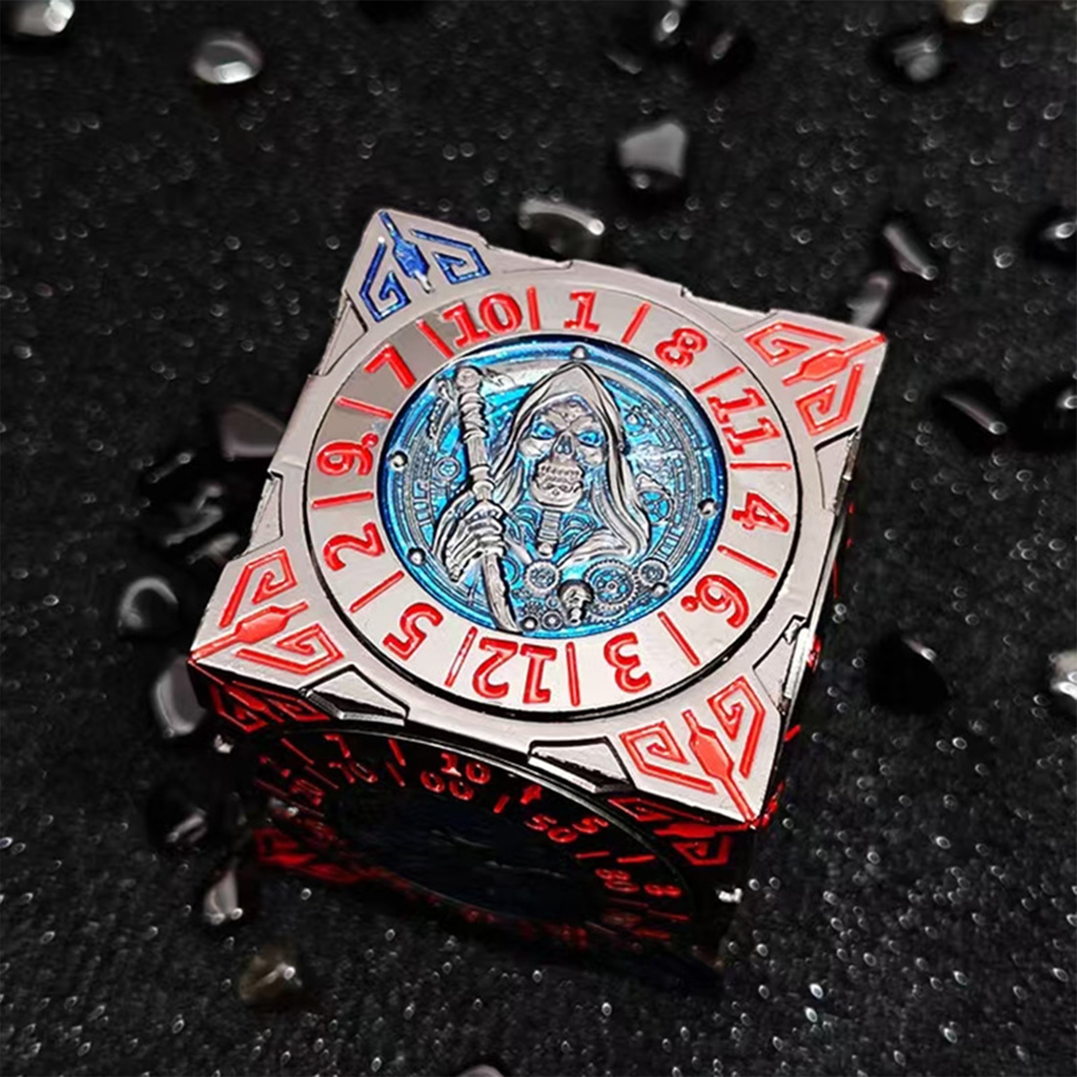 Metal hexahedral seven in one dice suit rotating DND dragon and dungeon polyhedron D6 Cthulhu COC running team,Mixed Colors(red and blue)