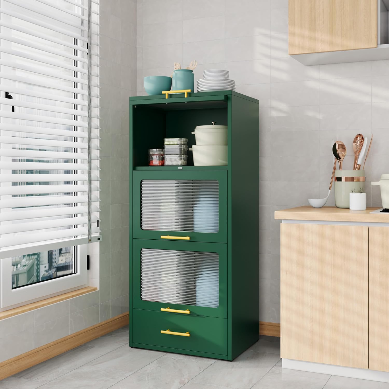 Metal kitchen storage cabinet with transparent flip door and storage ...