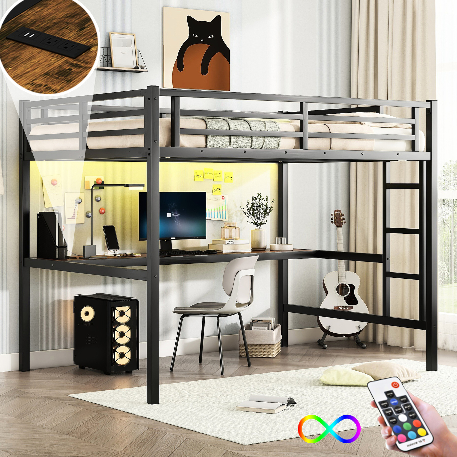 Metal loft bed with LED, power, and desk - Saves space and meets the ...