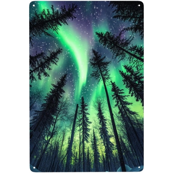 Metal signs Aurora Borealis forests,Exquisite Tin sign art wall decor,Tinplate plaque poster,for living room,cafe,courtyard,bar,pub,Garden,decorative gift for landscape lovers,8x12 inch